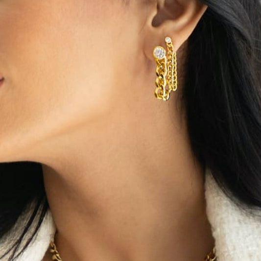 Curb Chain Drop Diamond Earrings-7mm