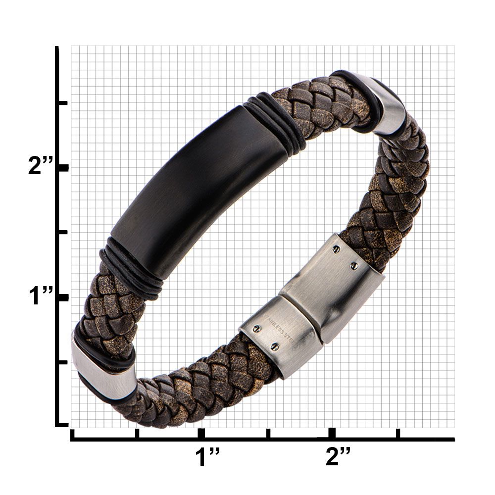 Men's Brown Braided Full Grain Cowhide Leather Bracelet with Slide Magnetic Clasp - 12mm