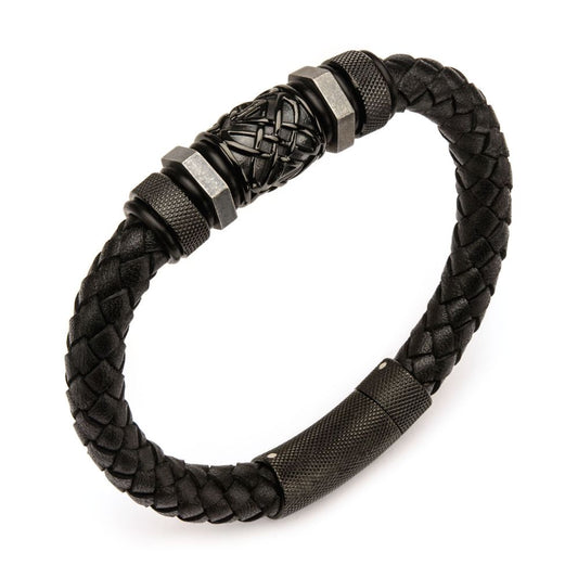 Men's Black Braided Full Grain Cowhide Leather Bracelet