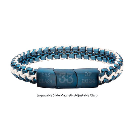 Matte Finish Blue IP Stainless Steel Box Chain with White Wax Cord Bracelet
