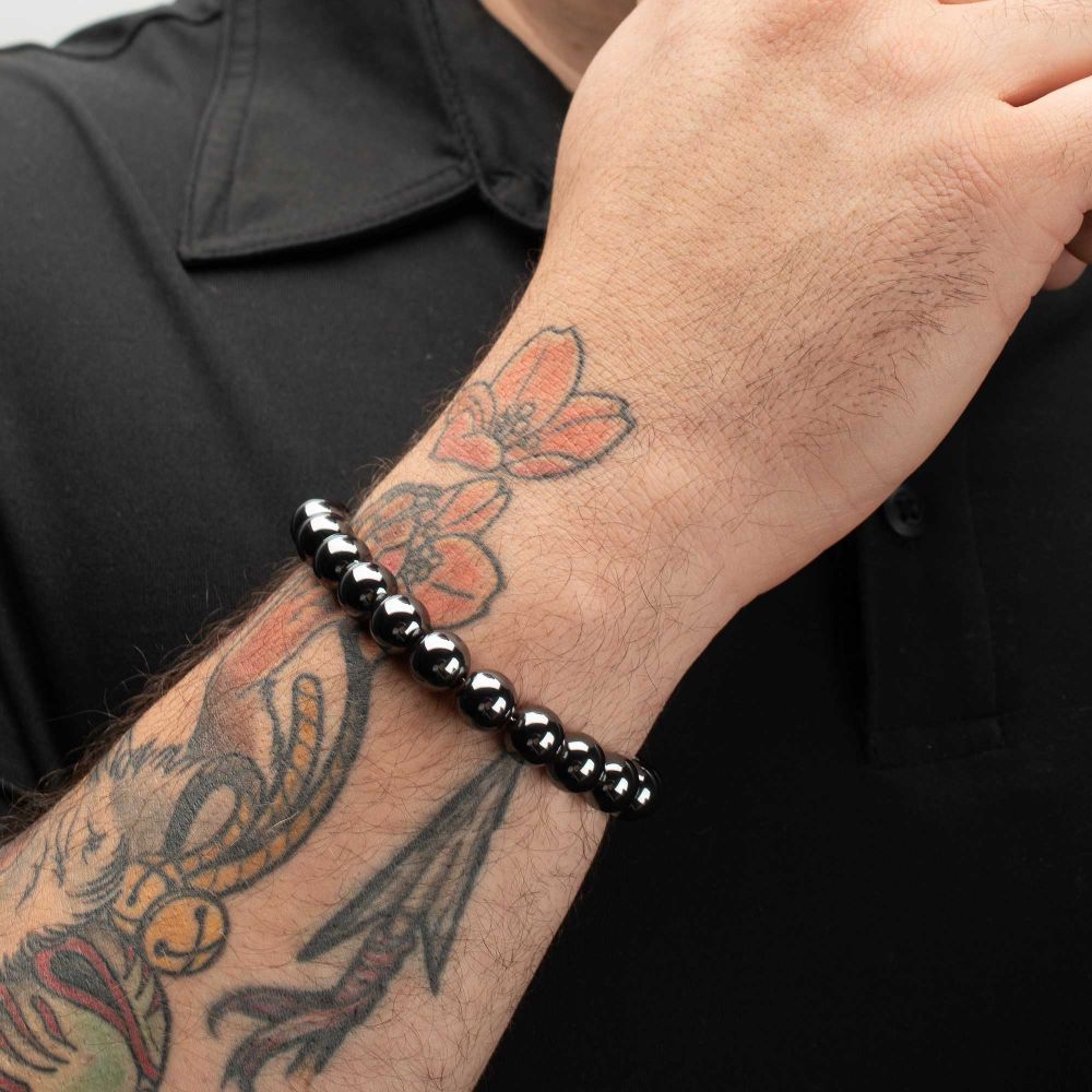 Men's 10mm Hematite Stone Bead Bracelet with Antiqued Stainless Steel Clasp