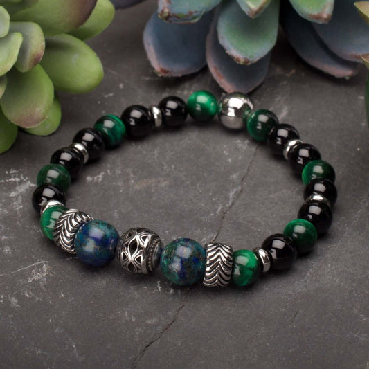 Men's Black Onyx, Green Tiger Eye & Lapis Lazuli Stone Bracelet