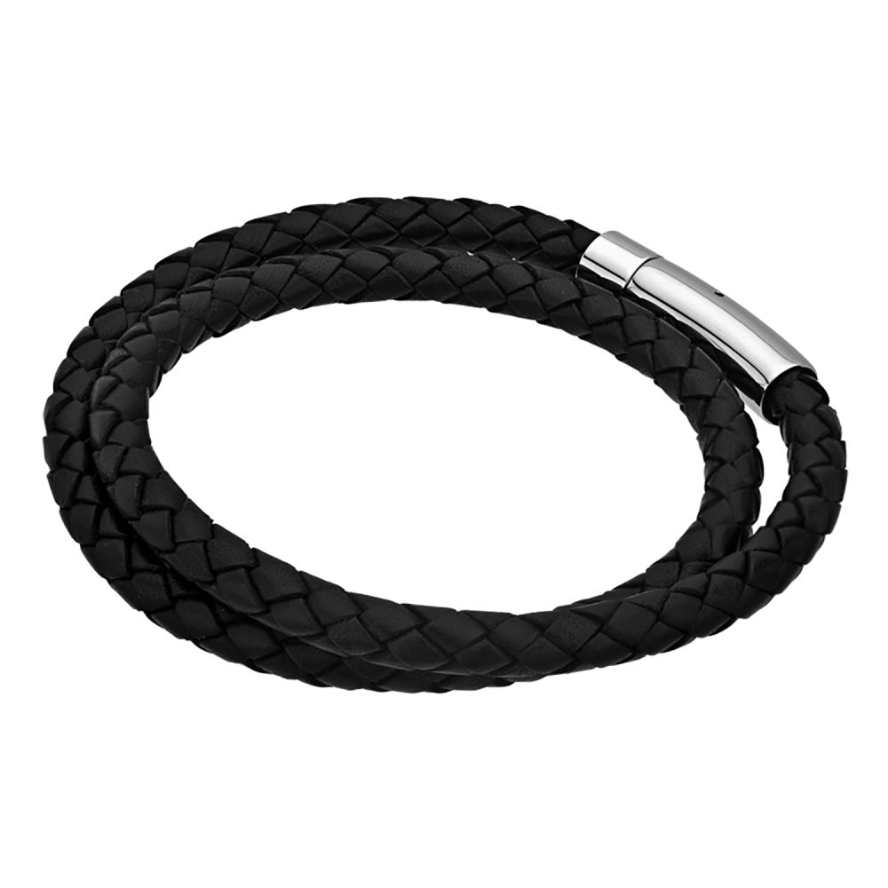 Men's Double Round Black Braided Full Grain Cowhide Leather Bracelet with Tubular Press Clasp-6mm
