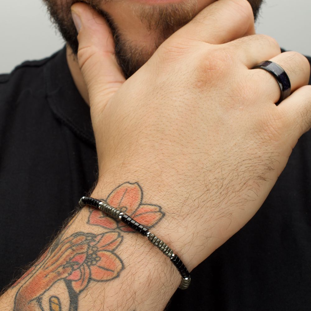 Men's Shadow Wolf (Onyx / Pyrite) Heishi Bead Bracelet