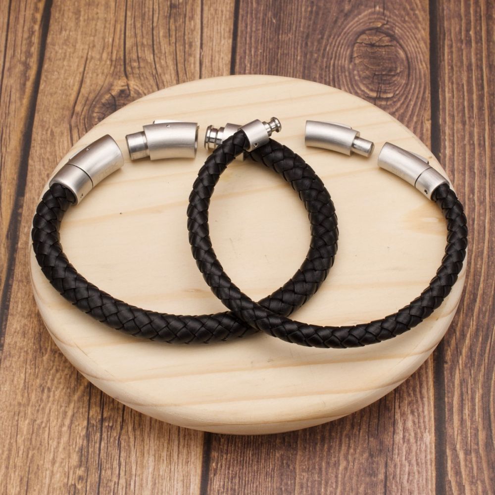 Men's Cowhide Leather Bracelet with Brushed Tubular Press Clasp - Self-Adjustable Link