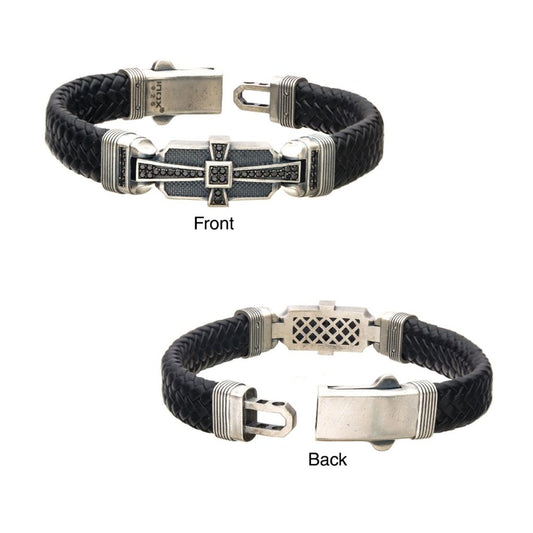 Men's Sterling Silver with Black Braided Leather & Black Diamond Bracelet