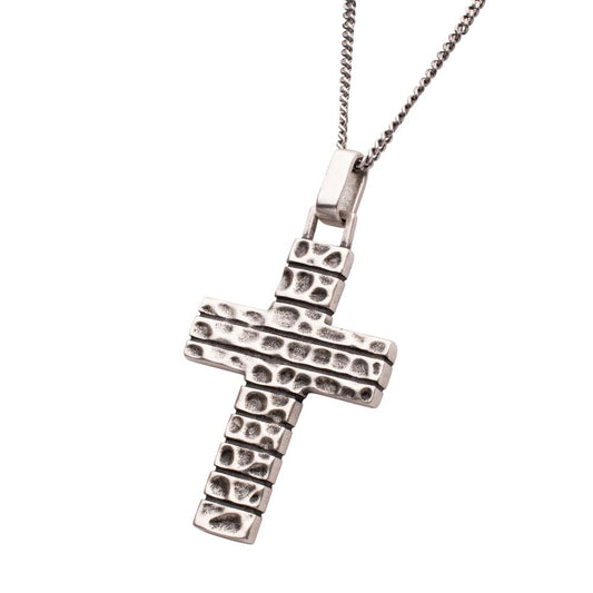 Men's 925 Sterling Silver Hammered Cross Pendant with Antiqued Finish Box Chain.