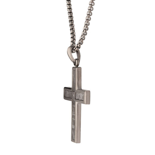 Men's Gun Metal Matte Finish Meteorite Inlay Cross Pendant