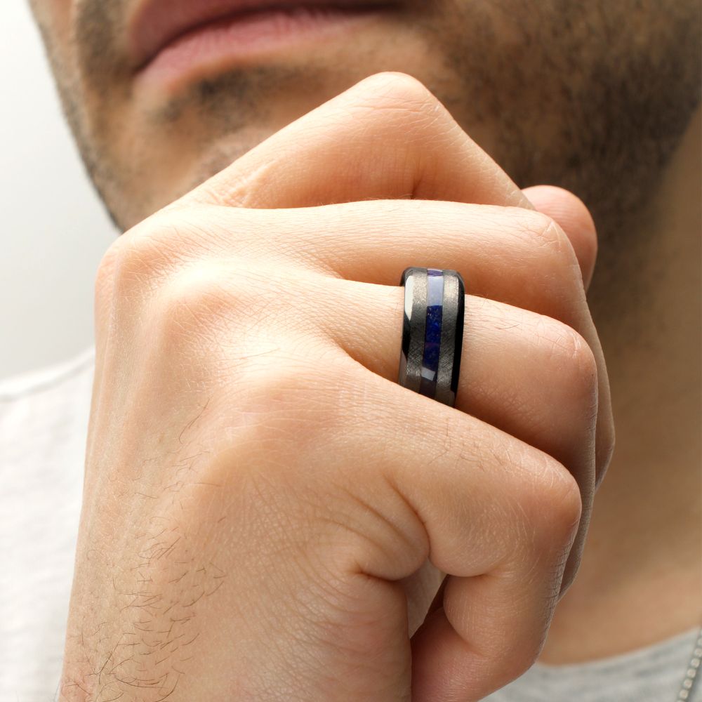 Gun Metal IP Titanium Lapis Lazuli Stone Inlay Ring