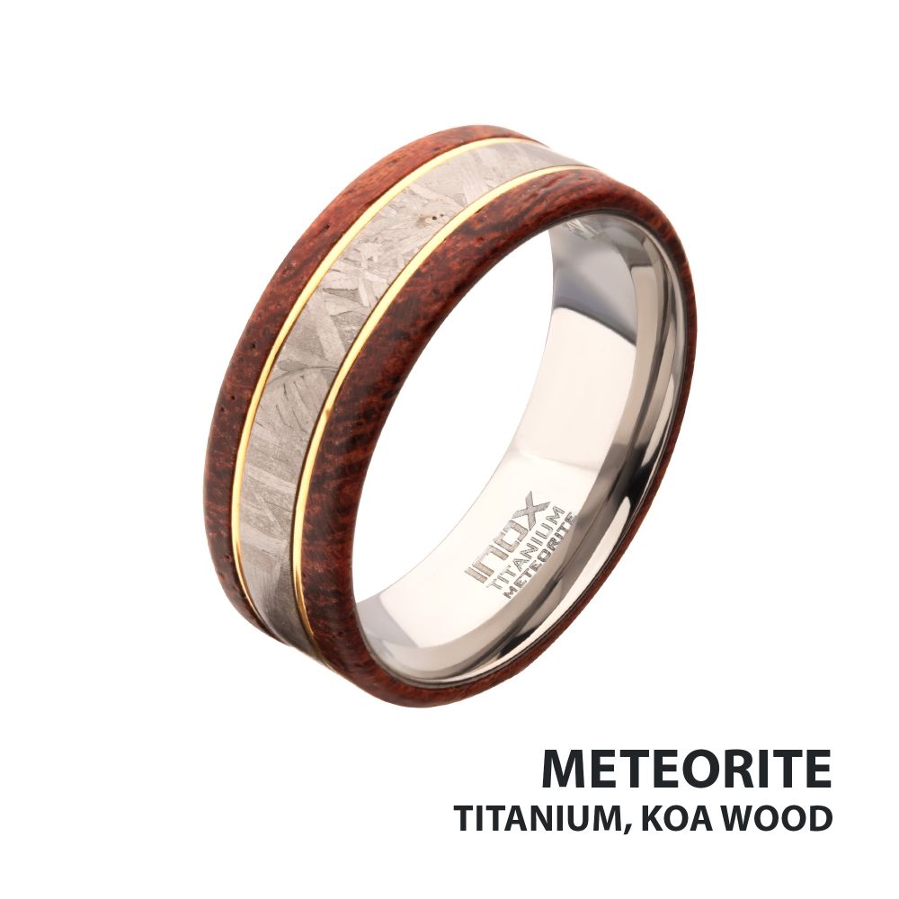 Men's Titanium, Meteorite & Koa Wood Inlay Ring - 8mm