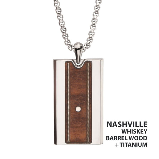 Mens Titanium & Whiskey Barrel Wood Inlay with Embedded Guitar String Pendant