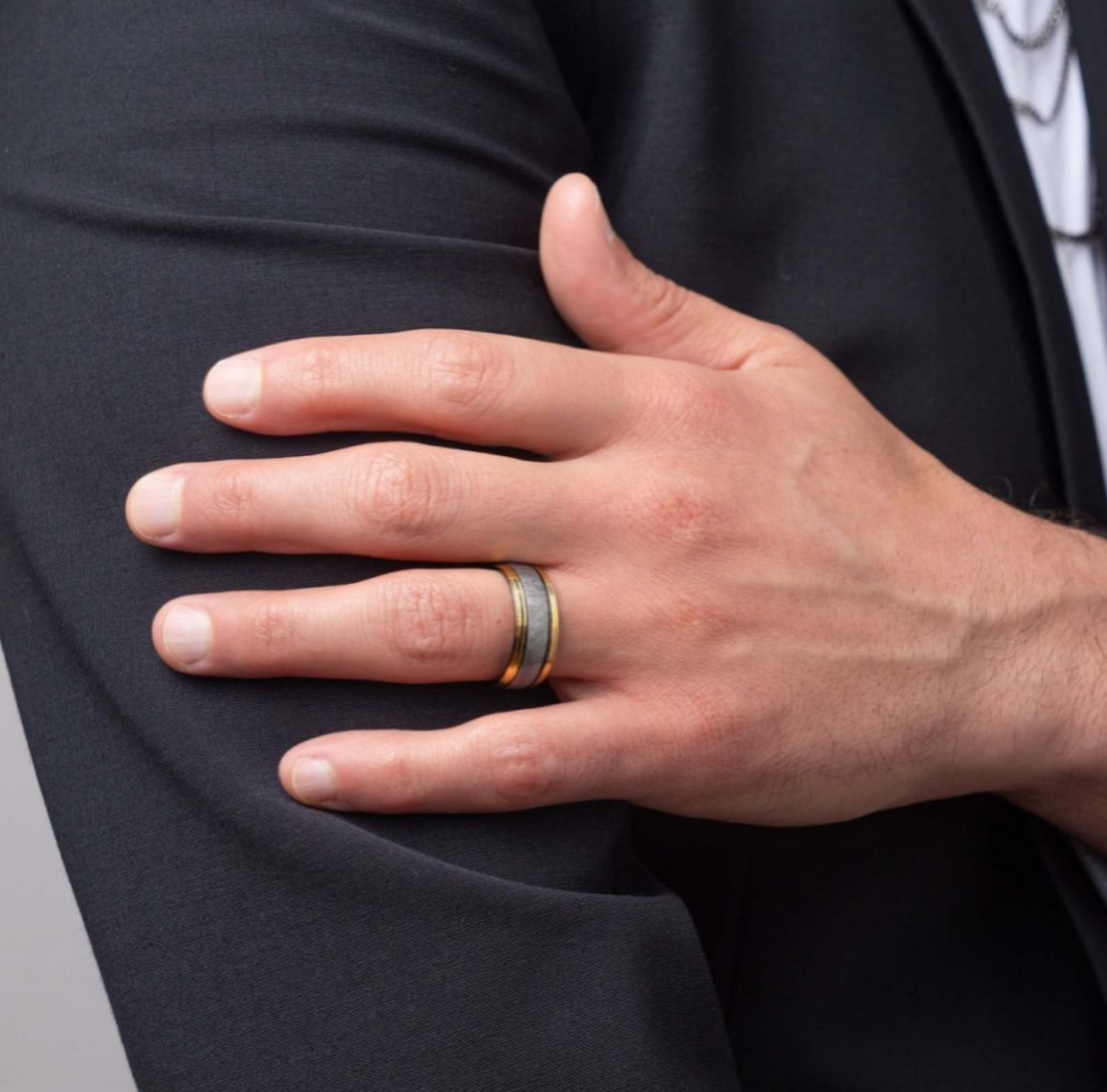 Men's Gold, Silver and Black Meteorite Ring