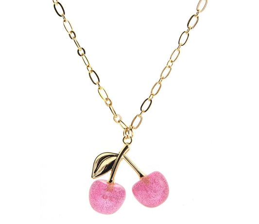 Pink Cherry Necklace – Gold 2.5"x2" Pendant, 16"+3" Adjust