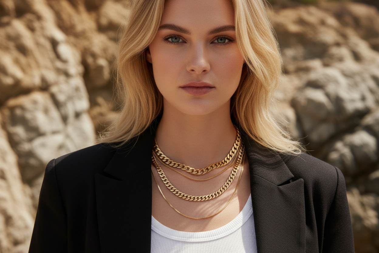 Blonde woman wearing layered gold necklaces with coastal rocks background