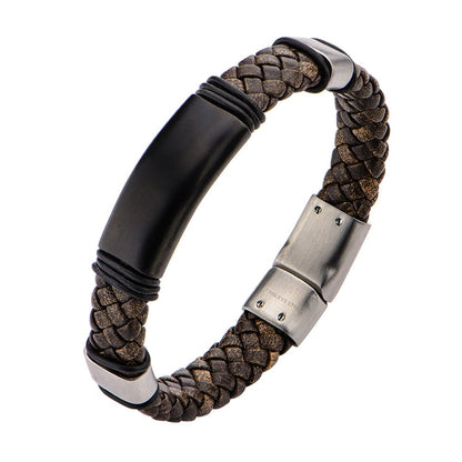 Men's Brown Braided Full Grain Cowhide Leather Bracelet with Slide Magnetic Clasp - 12mm
