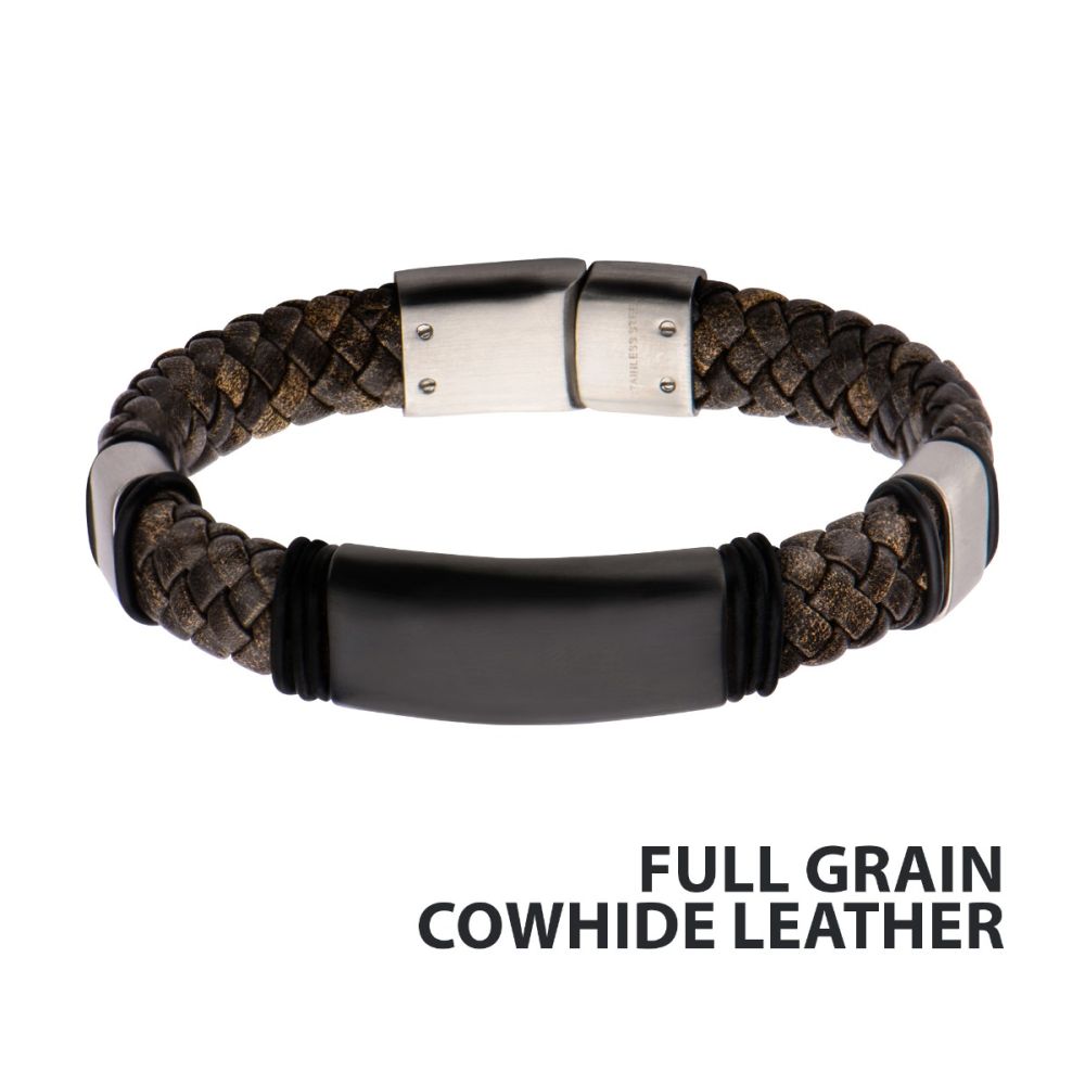 Men's Brown Braided Full Grain Cowhide Leather Bracelet with Slide Magnetic Clasp - 12mm