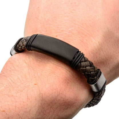 Men's Brown Braided Full Grain Cowhide Leather Bracelet with Slide Magnetic Clasp - 12mm
