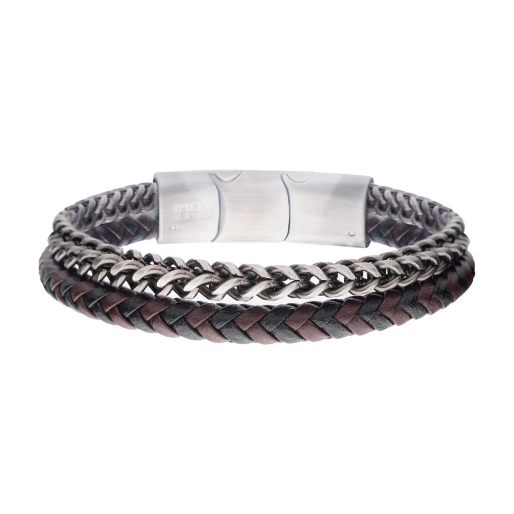 Men's Multi Strand Leather and Foxtail Chain Stacking Duo Bracelet