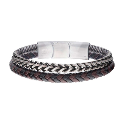 Men's Multi Strand Leather and Foxtail Chain Stacking Duo Bracelet