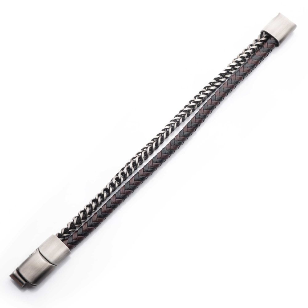 Men's Multi Strand Leather and Foxtail Chain Stacking Duo Bracelet