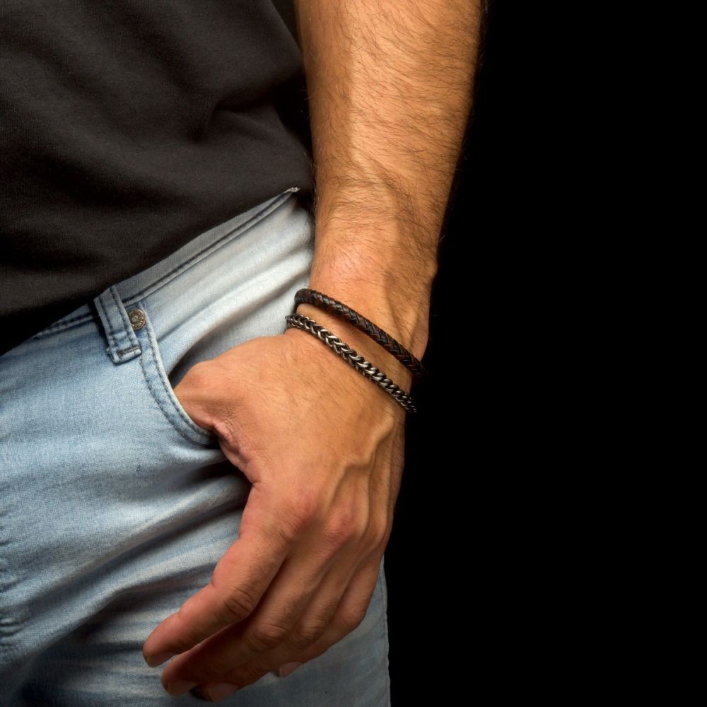 Men's Multi Strand Leather and Foxtail Chain Stacking Duo Bracelet