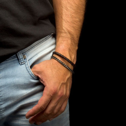 Men's Multi Strand Leather and Foxtail Chain Stacking Duo Bracelet