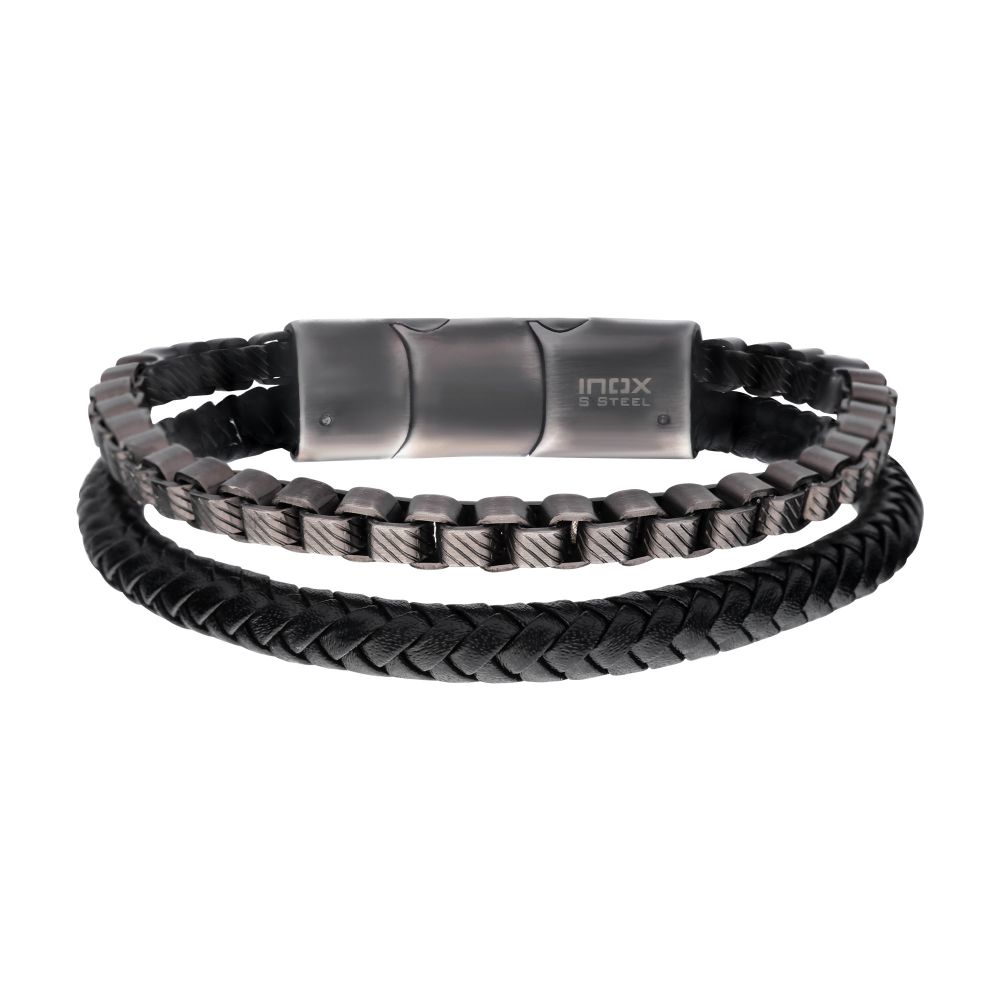 Men's Multi Strand Leather and Stainless Steel Box Chain Stacking Duo Bracelet