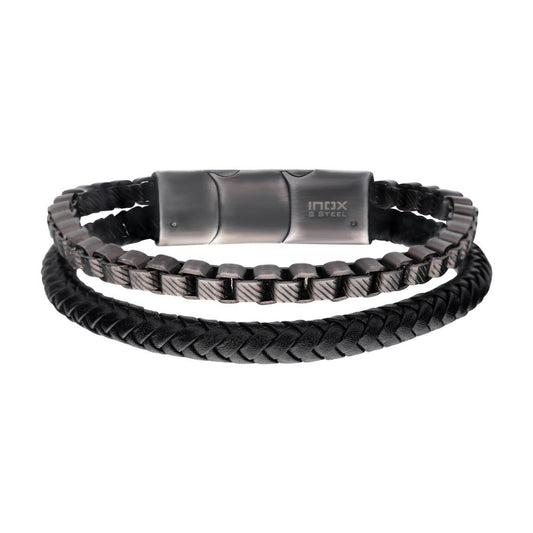 Men's Multi Strand Leather and Stainless Steel Box Chain Stacking Duo Bracelet