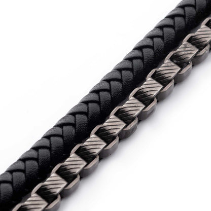 Men's Multi Strand Leather and Stainless Steel Box Chain Stacking Duo Bracelet
