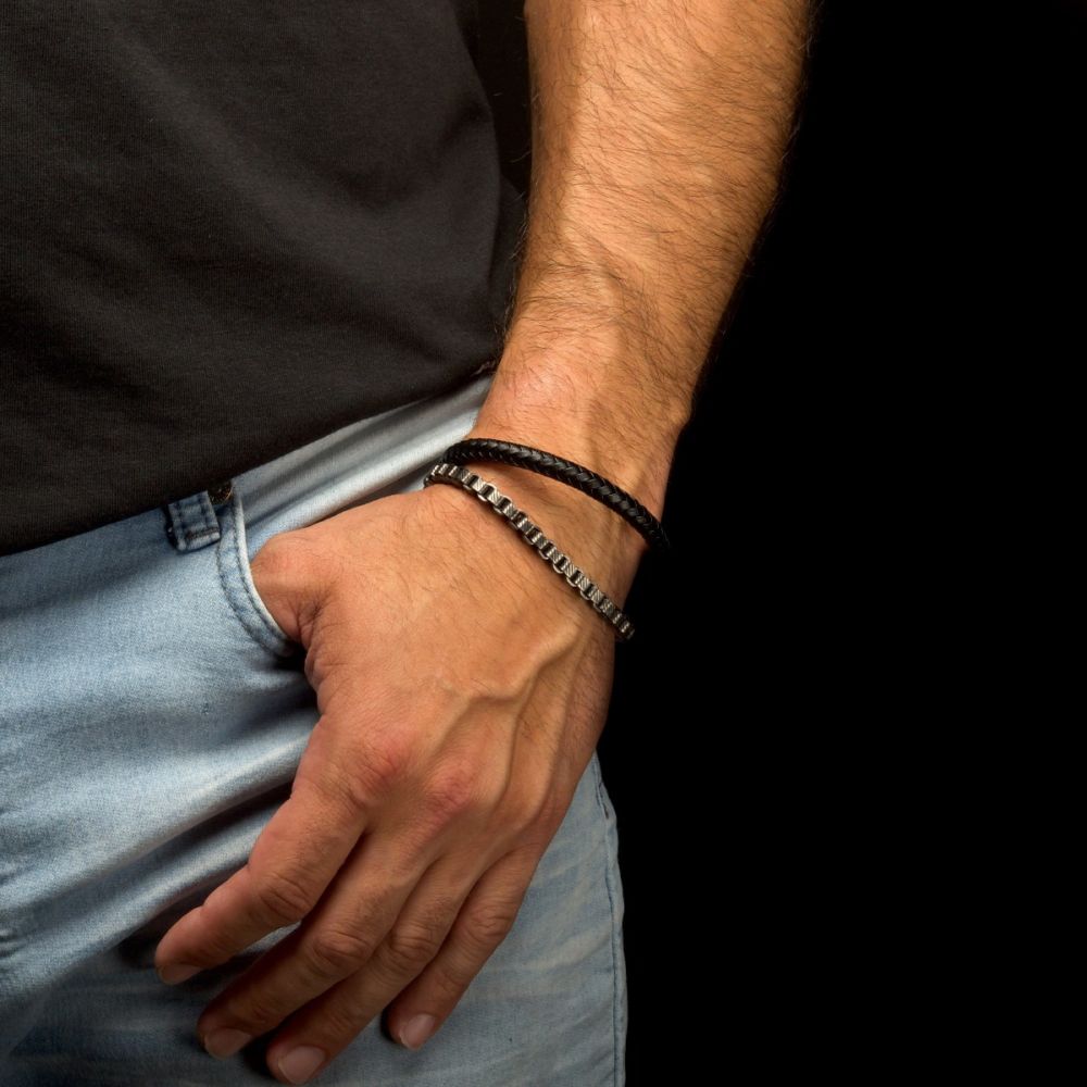 Men's Multi Strand Leather and Stainless Steel Box Chain Stacking Duo Bracelet