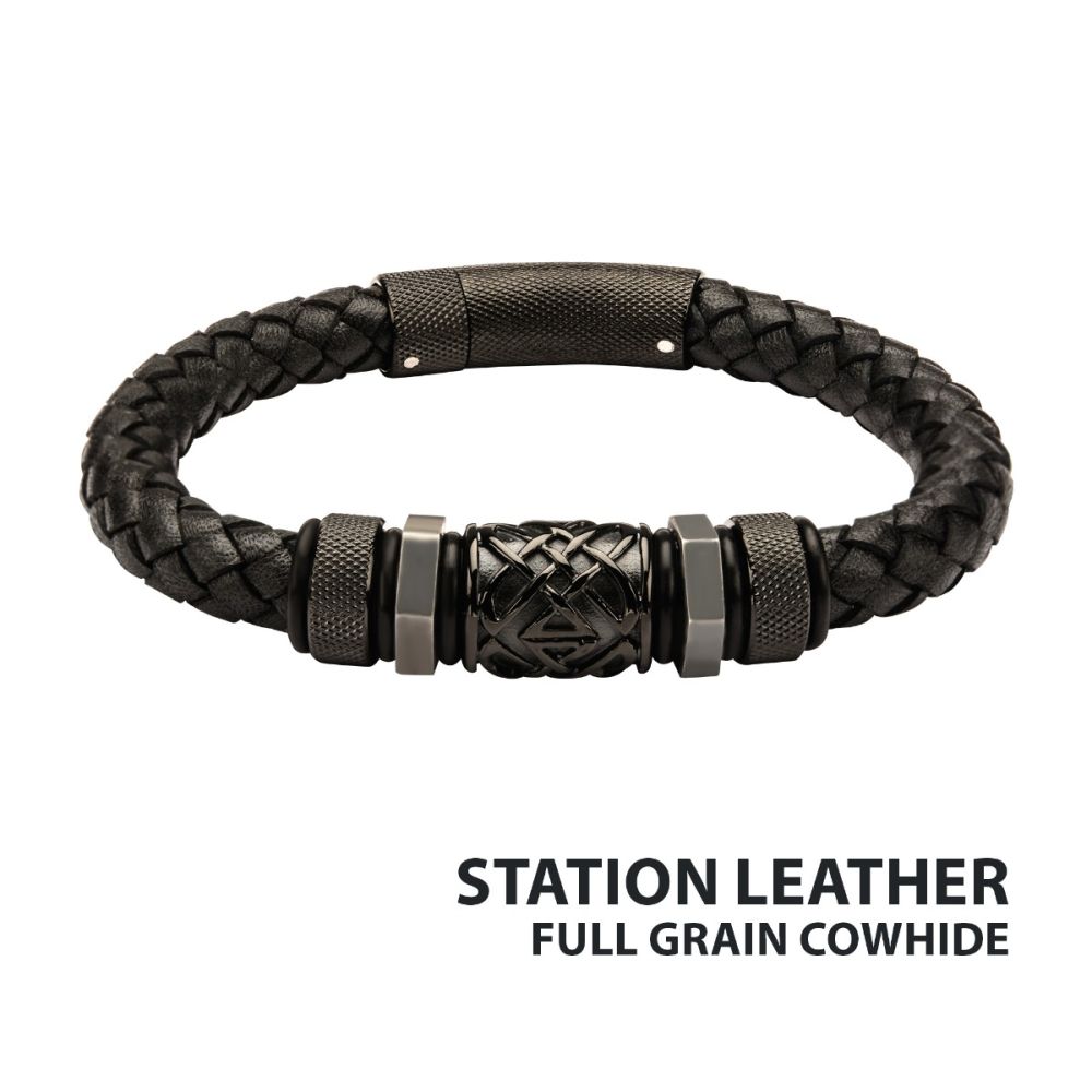 Men's Black Braided Full Grain Cowhide Leather Bracelet
