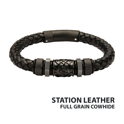 Men's Black Braided Full Grain Cowhide Leather Bracelet