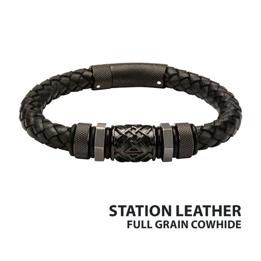 Men's Black Braided Full Grain Cowhide Leather Bracelet