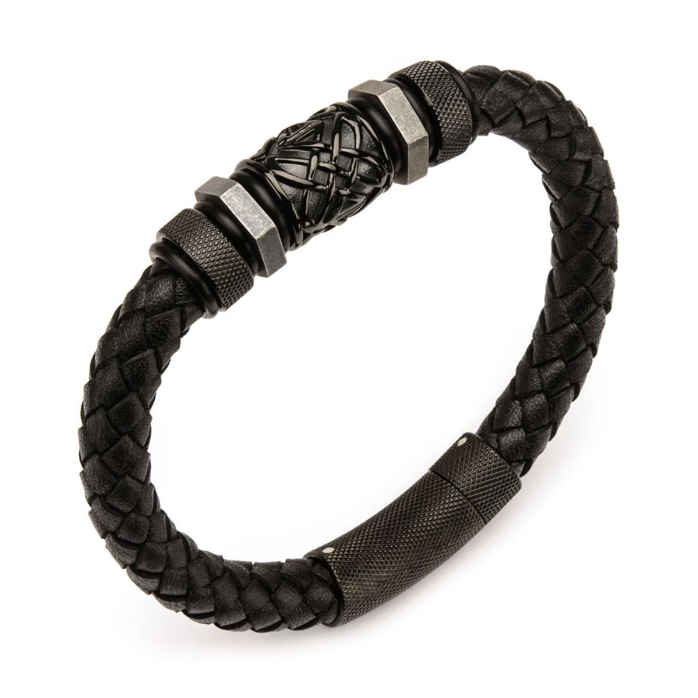Men's Black Braided Full Grain Cowhide Leather Bracelet