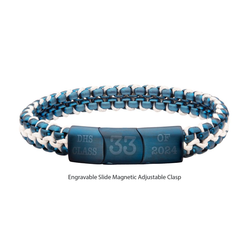 Matte Finish Blue IP Stainless Steel Box Chain with White Wax Cord Bracelet