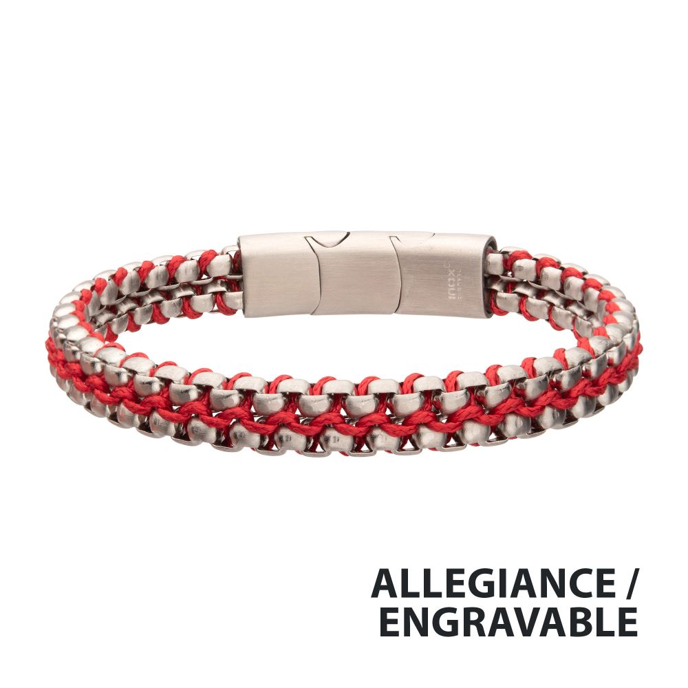 Matte Finish Stainless Steel Box Chain with Red Wax Cord Bracelet