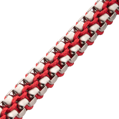Matte Finish Stainless Steel Box Chain with Red Wax Cord Bracelet