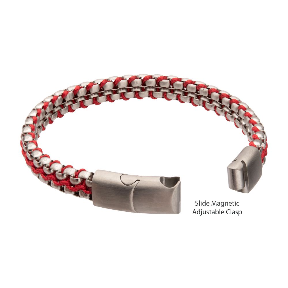 Matte Finish Stainless Steel Box Chain with Red Wax Cord Bracelet