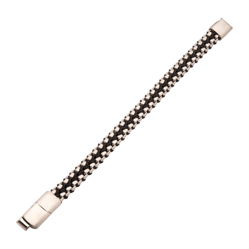 Matte Finish Stainless Steel Box Chain with Black Wax Cord Bracelet