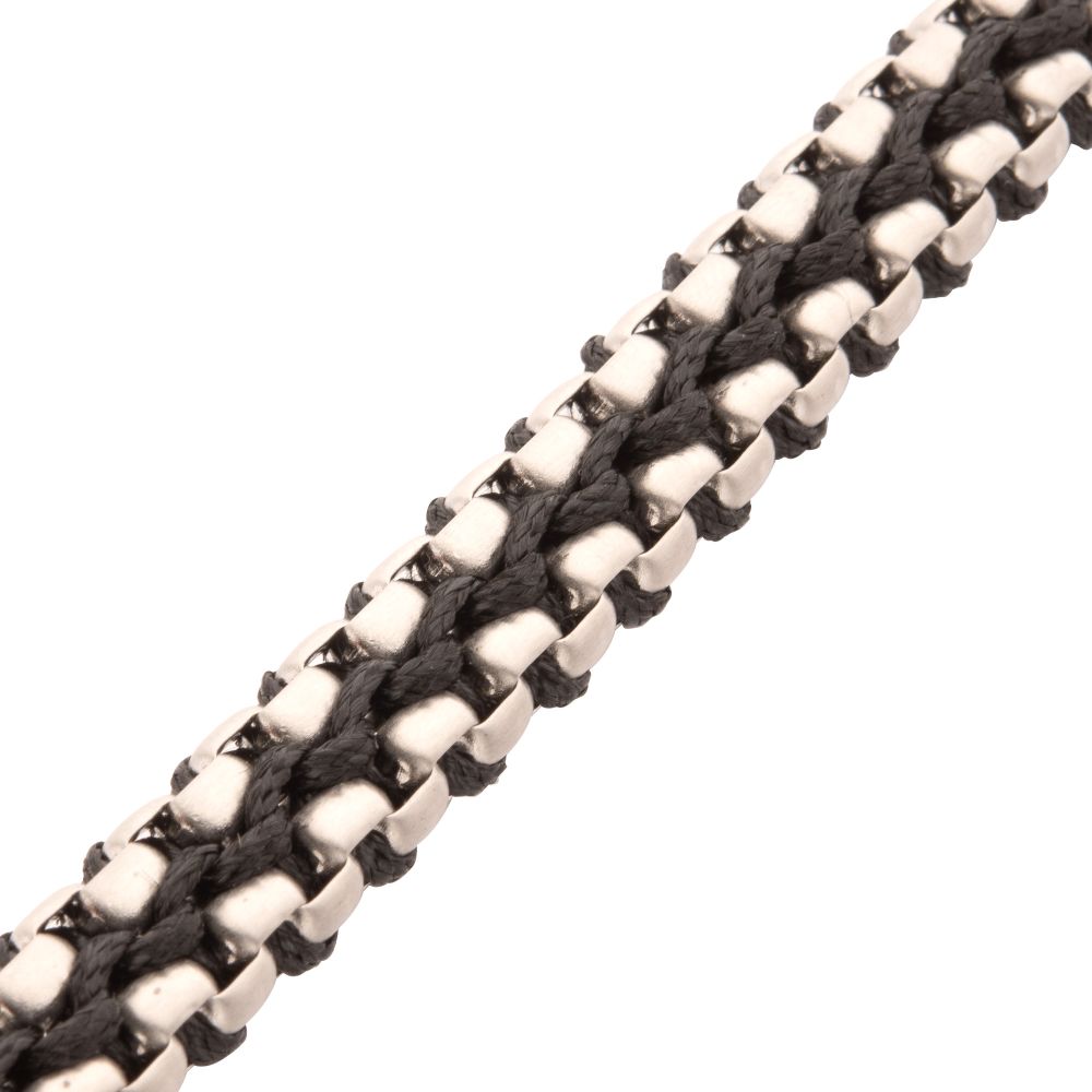 Matte Finish Stainless Steel Box Chain with Black Wax Cord Bracelet