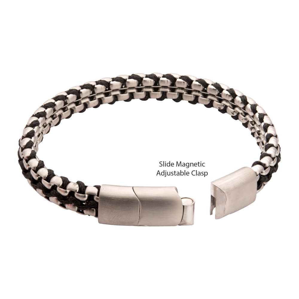 Matte Finish Stainless Steel Box Chain with Black Wax Cord Bracelet