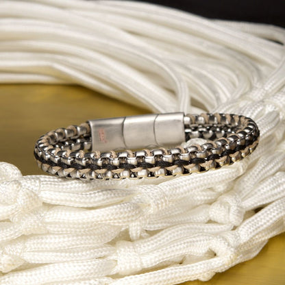 Matte Finish Stainless Steel Box Chain with Black Wax Cord Bracelet