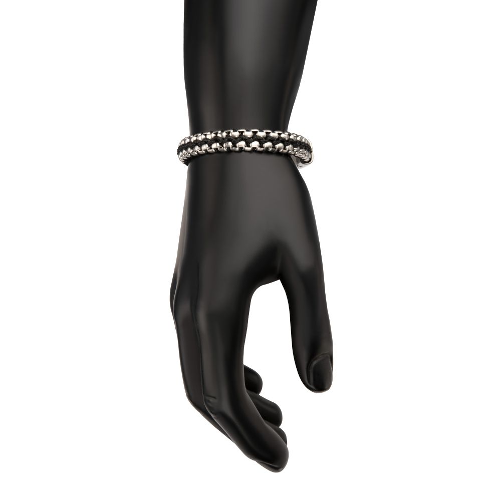 Matte Finish Stainless Steel Box Chain with Black Wax Cord Bracelet