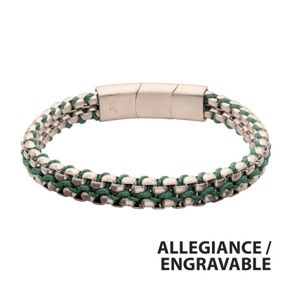 Matte Finish Stainless Steel Box Chain with Green Wax Cord Bracelet