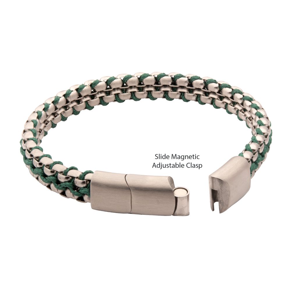Matte Finish Stainless Steel Box Chain with Green Wax Cord Bracelet