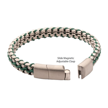 Matte Finish Stainless Steel Box Chain with Green Wax Cord Bracelet