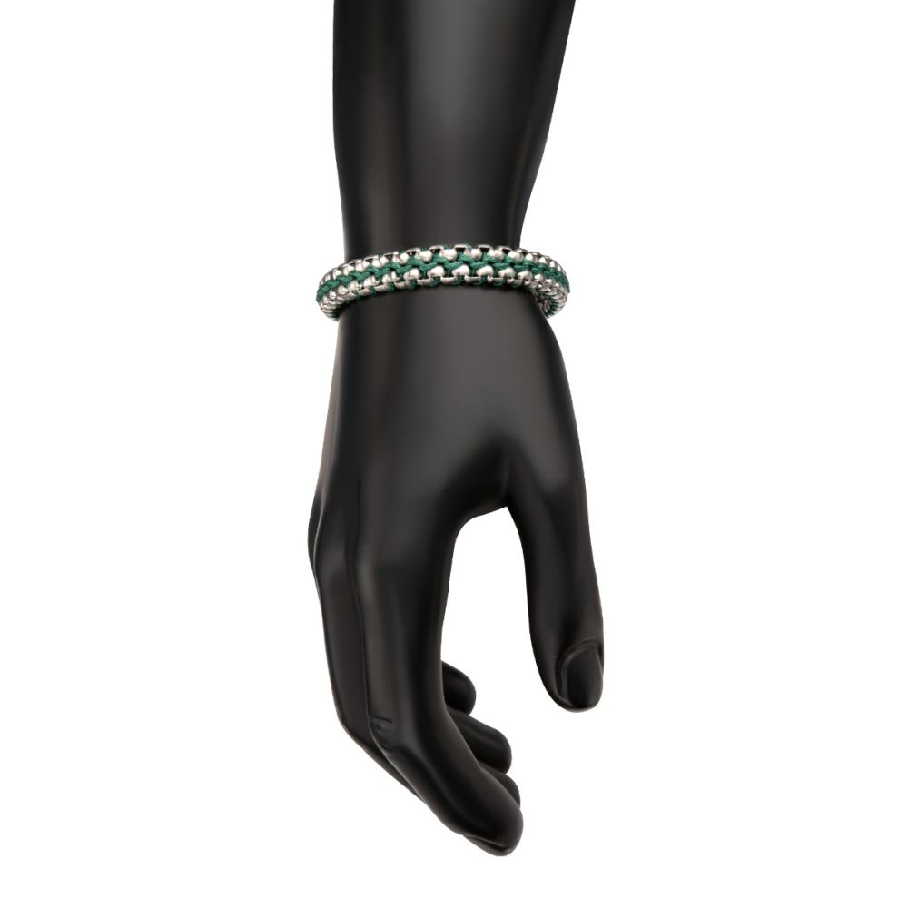 Matte Finish Stainless Steel Box Chain with Green Wax Cord Bracelet