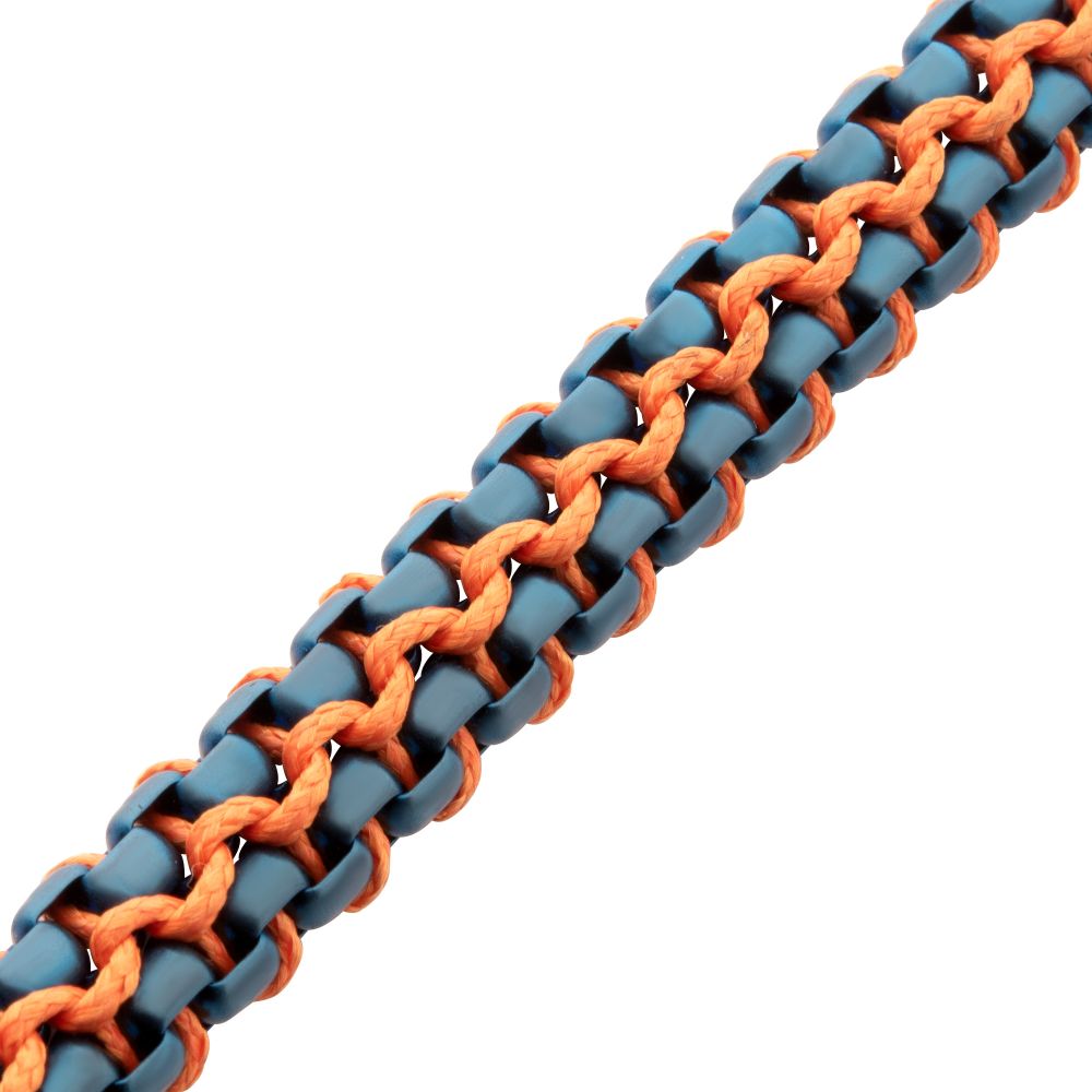 Matte Finish Blue IP Stainless Steel Box Chain with Orange Wax Cord Bracelet