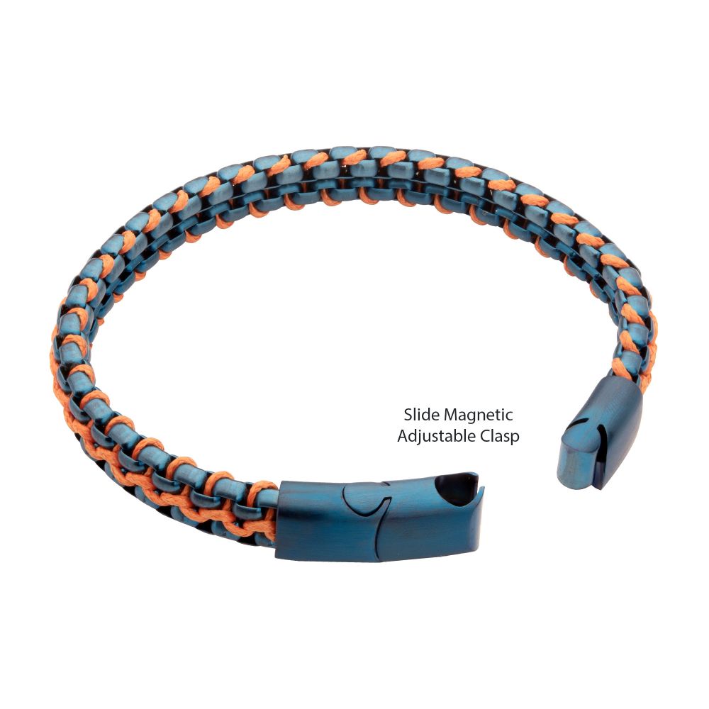 Matte Finish Blue IP Stainless Steel Box Chain with Orange Wax Cord Bracelet