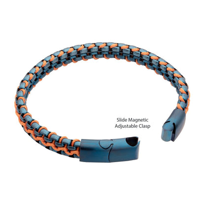 Matte Finish Blue IP Stainless Steel Box Chain with Orange Wax Cord Bracelet